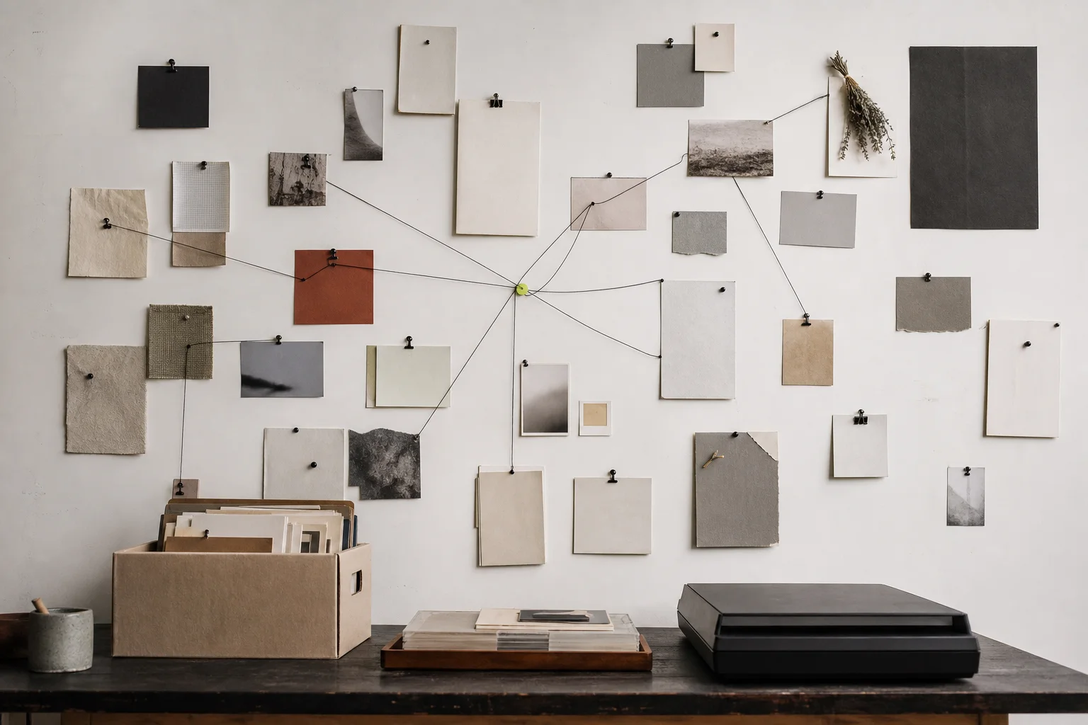 Blank image cards and material swatches connect across a studio research wall above an archival worktable.
