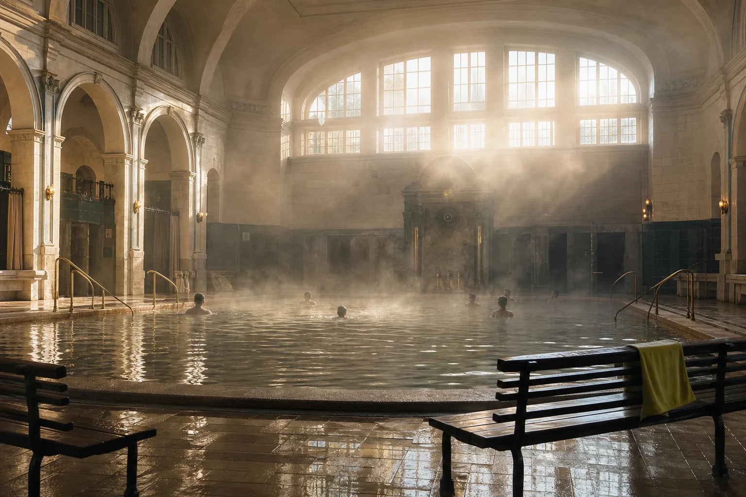 Morning light and steam fill a large historic communal bath hall.