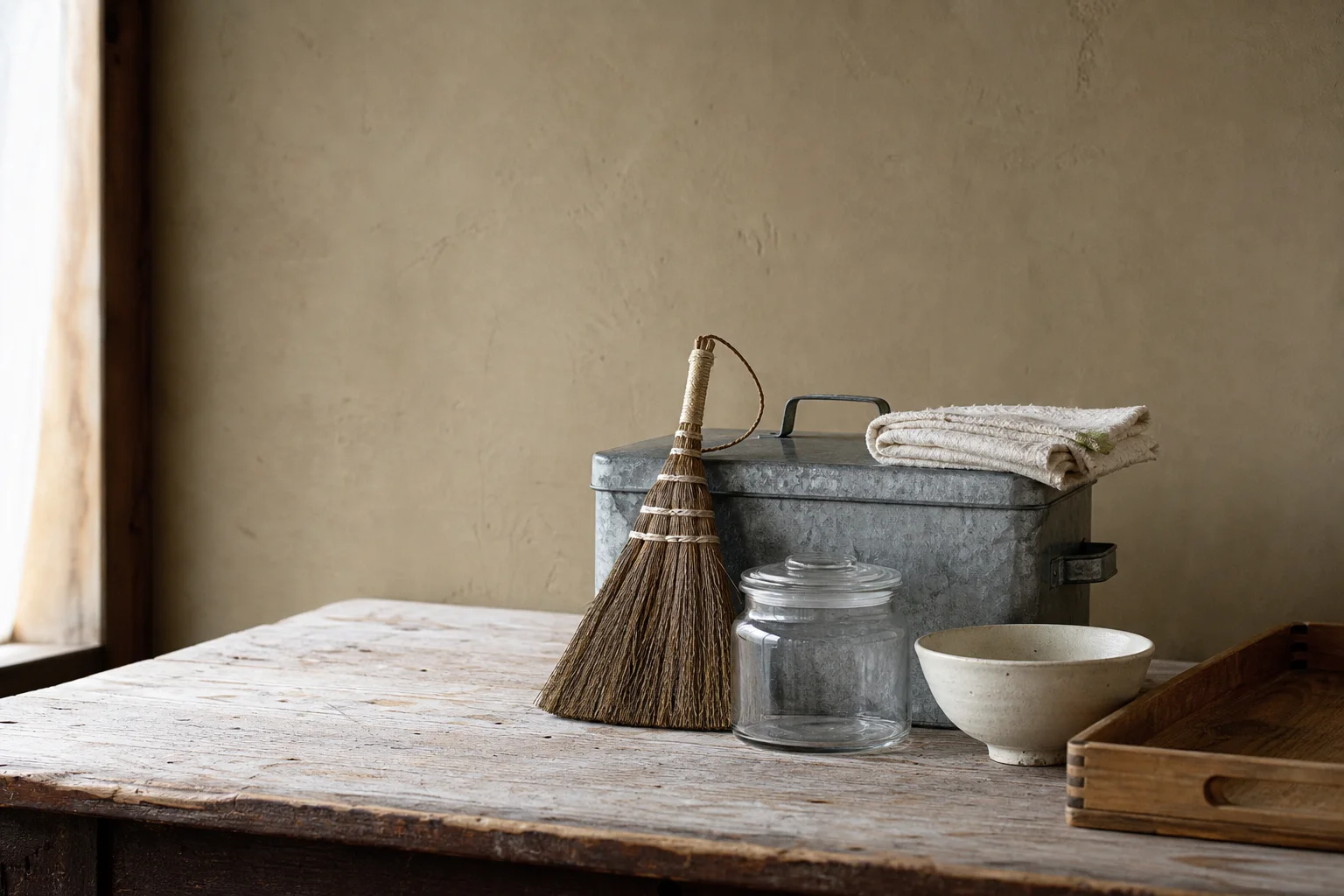 A broom, metal utility box, glass jar, ceramic bowl, cloth, and wood tray arranged on a worn table.