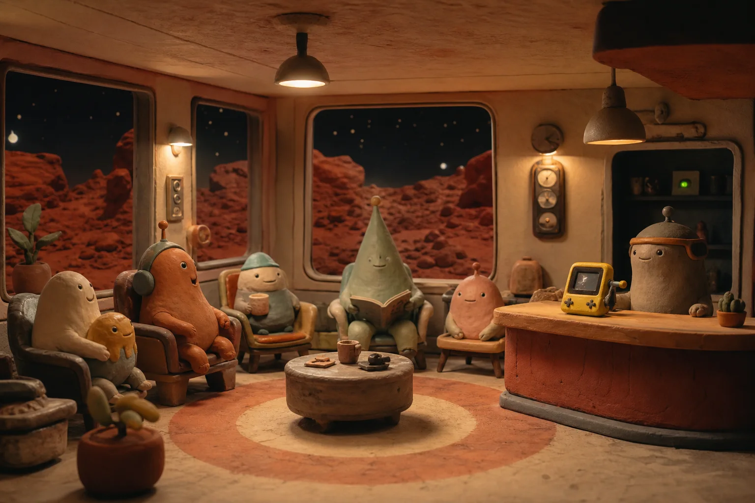 Friendly clay creatures gather in a warm miniature community room on Mars beside a crank handheld device.