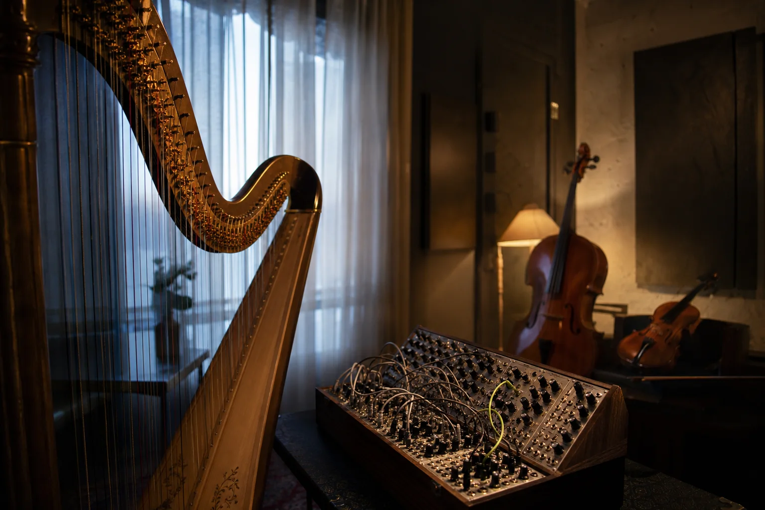 A concert harp, modular synthesizer, cello, and violin share a dim recording room.