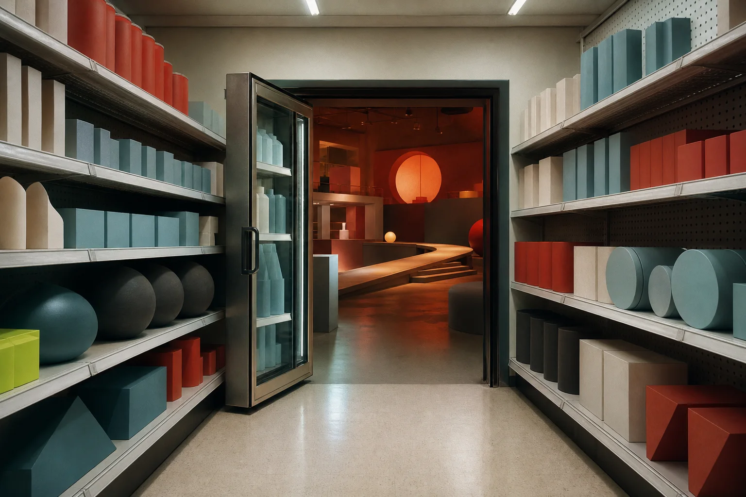 An abstract grocery aisle opens through a freezer door into a warm surreal installation.