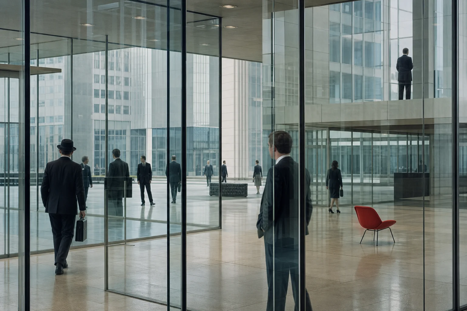 Figures move through layered glass walls in a modernist office lobby with one red chair.