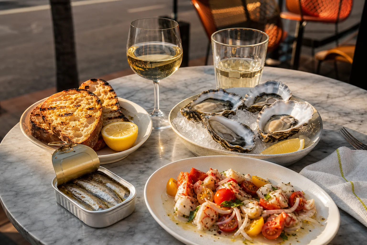 Oysters, tinned fish, grilled bread, lemon, and a seafood plate cover a marble patio table at golden hour.
