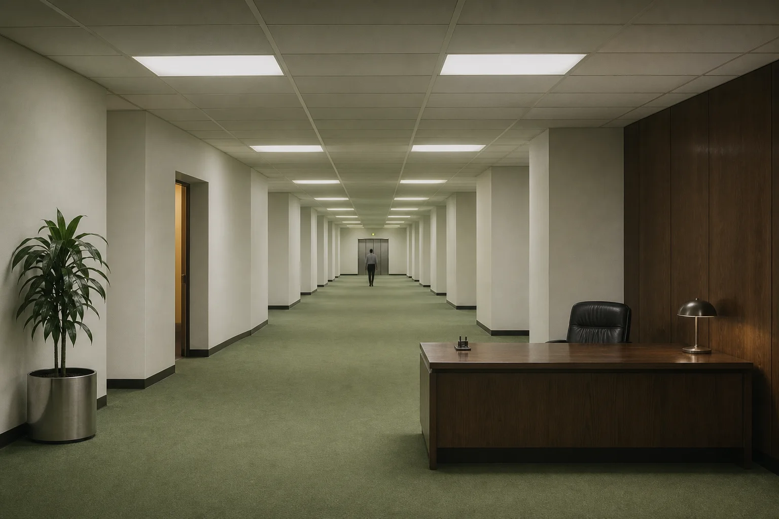 A lone worker walks down a long fluorescent office corridor past a dark wood reception desk.