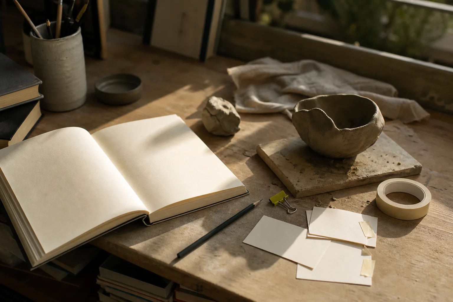 An open blank book beside a pencil, index cards, tape, and a clay bowl in progress on a studio table.