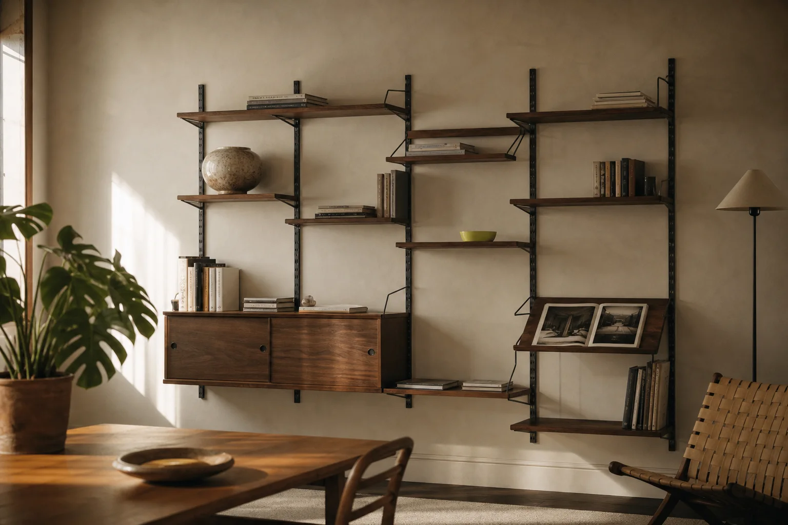 A lived-in room with a wall-mounted modular walnut shelving system in afternoon light.