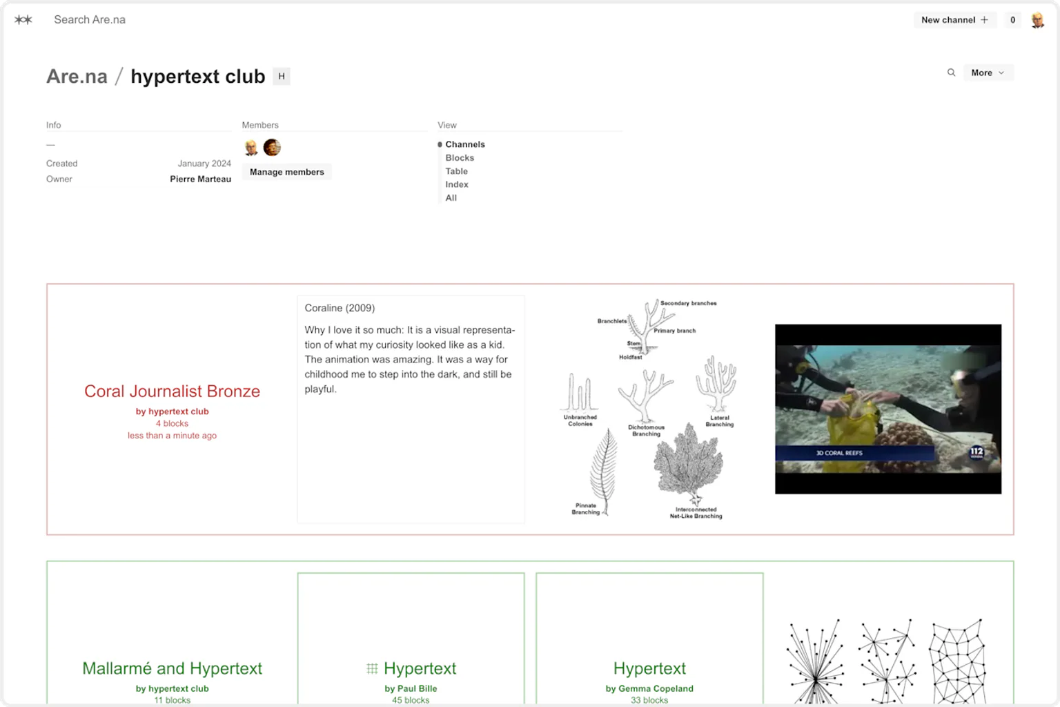 A dense Are.na interface showing groups of linked visual research channels.