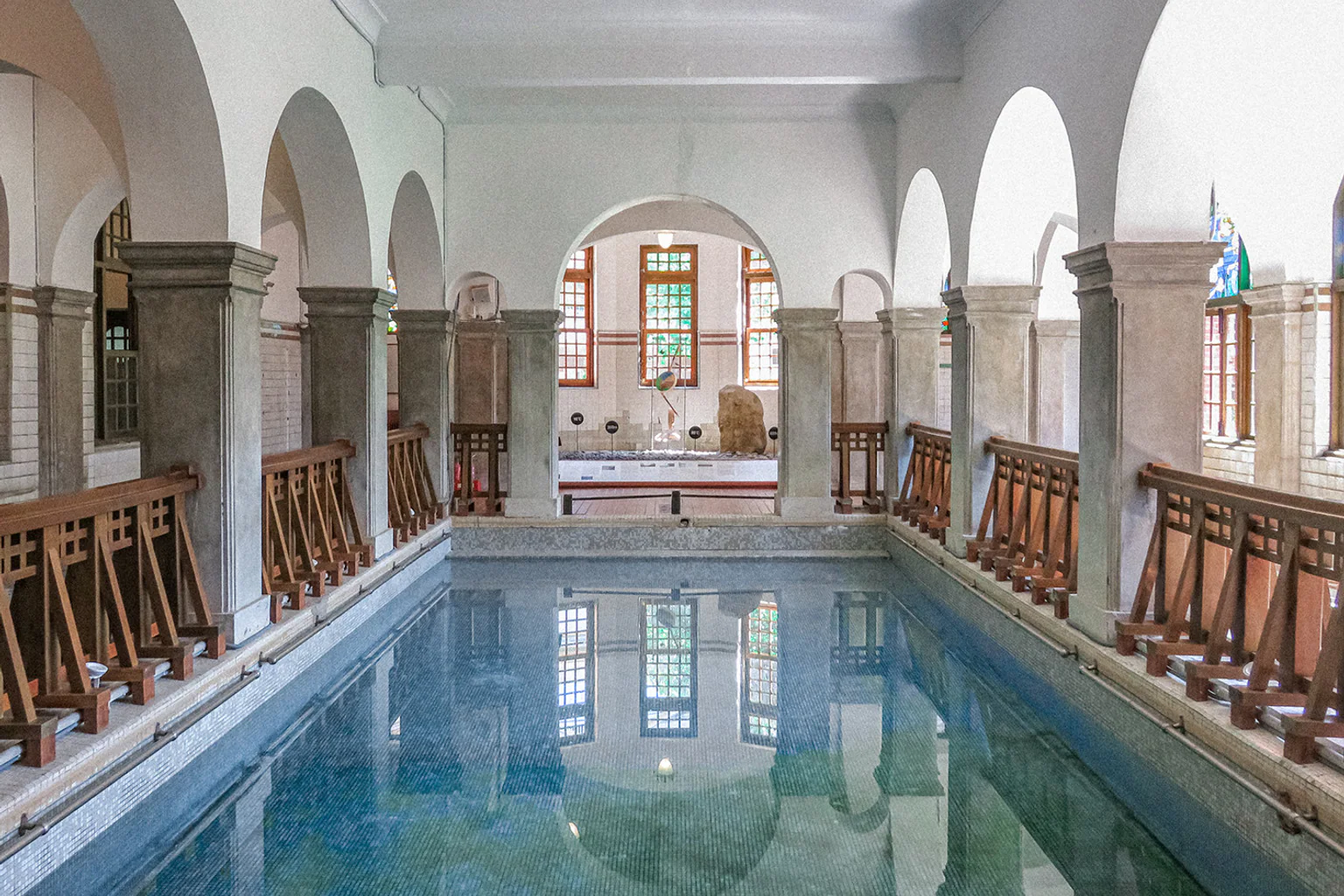The arched stone public bath at the Beitou Hot Spring Museum in Taipei.