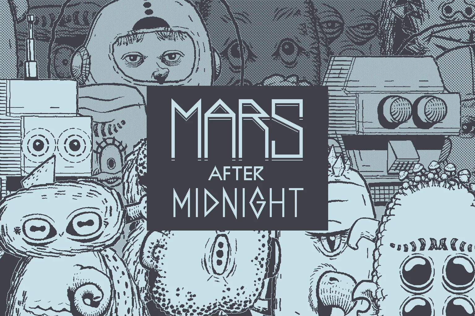 The yellow Playdate screen and crank surrounded by characters from Mars After Midnight.