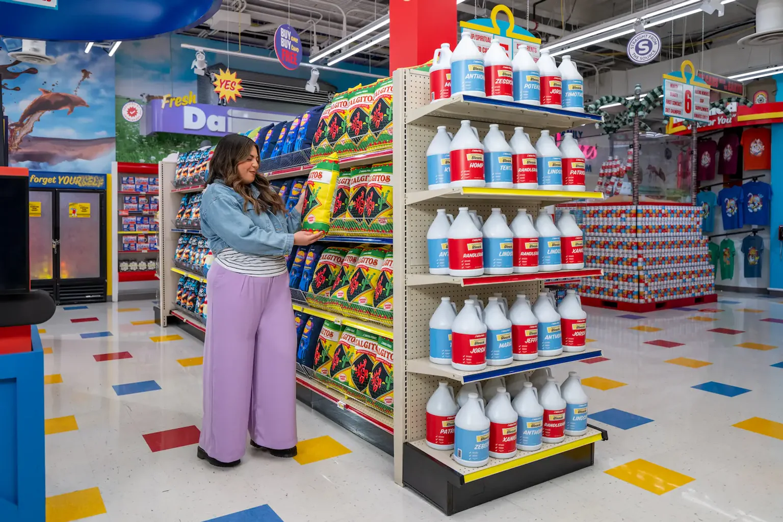 The brightly stocked surreal grocery aisles inside Meow Wolf’s Omega Mart.